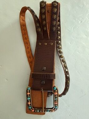 ARIAT Women’s Studded Turquoise Belt Sz 36 Brown Leather Boho Luxe Western